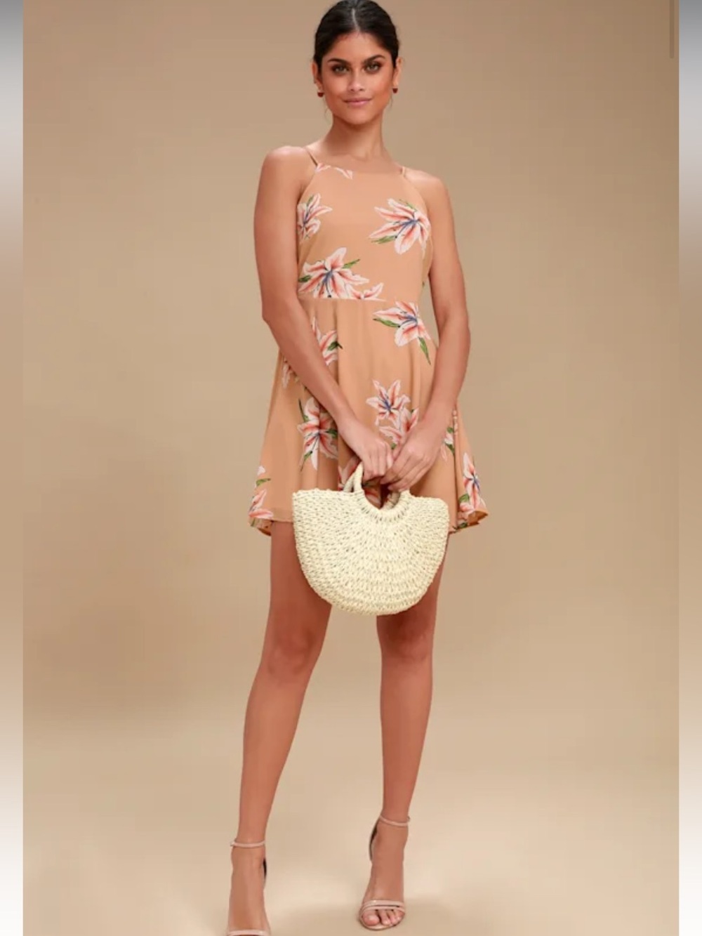Lulu’s Tropical Nude Tie Back Mini-Dress Sexy Vacation Date Night Dress Medium